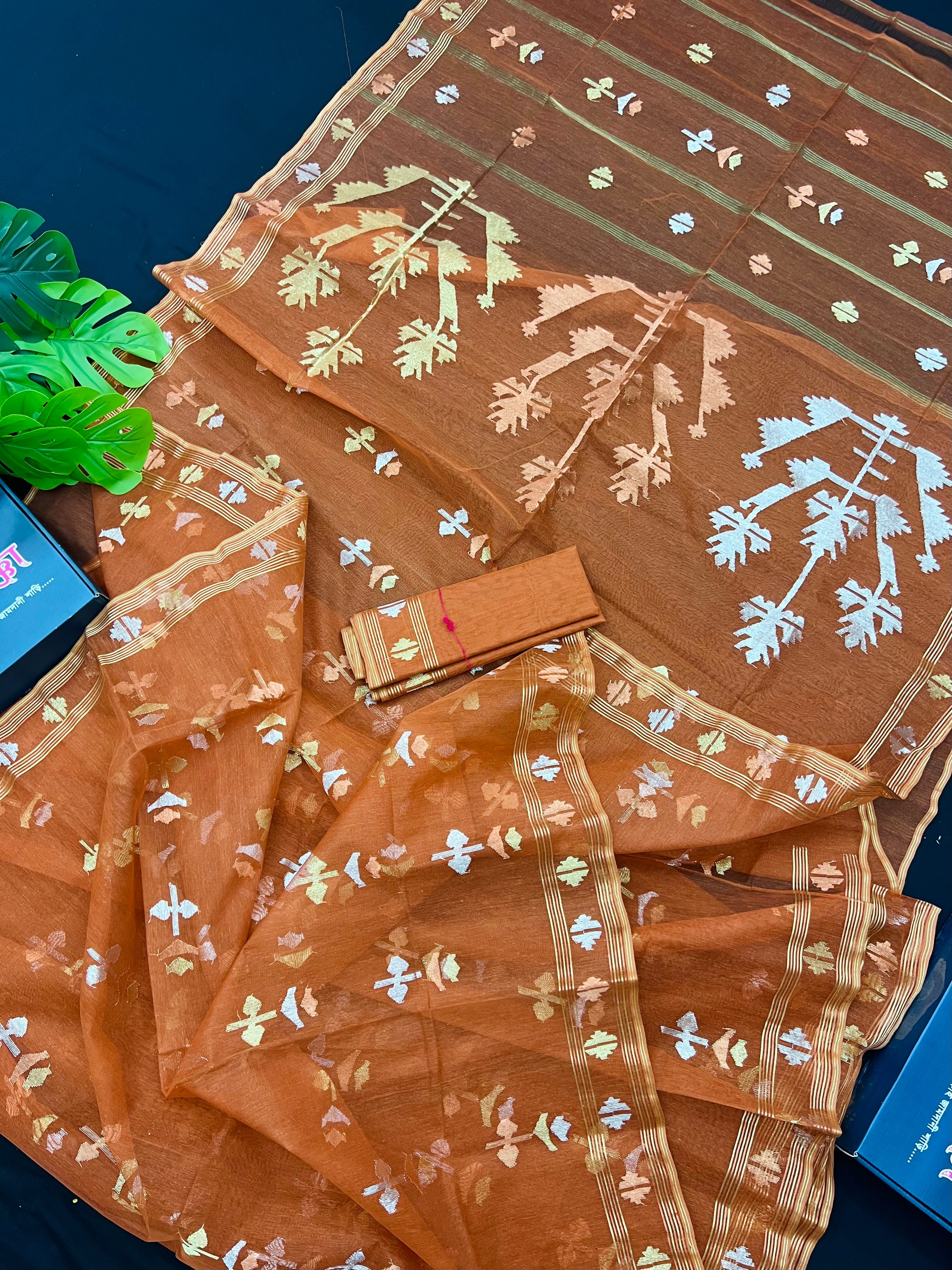 Brick orange halfsilk handloom original dhakai Jamdani saree with golden silver & copper jori work