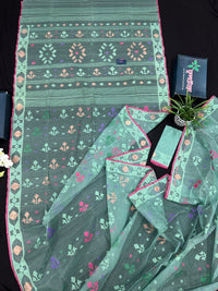 Bright Teal Blue dhakai Jamdani saree with pink border all over work soft count.
