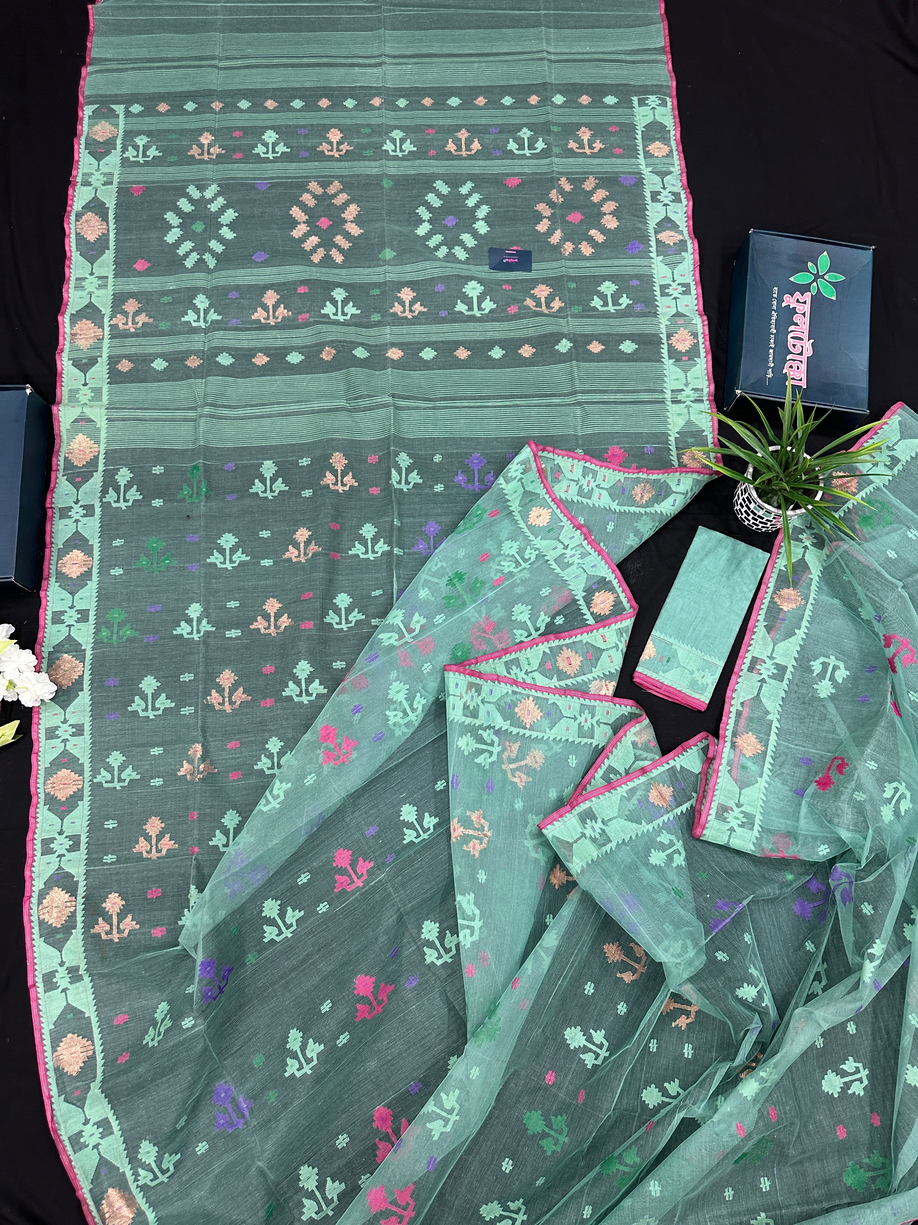 Bright Teal Blue dhakai Jamdani saree with pink border all over work soft count.