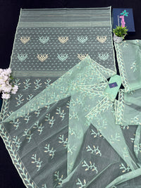 Mint Colour Original Handloom Halfsilk Dhakai Jamdani Saree With Golden Jori Work