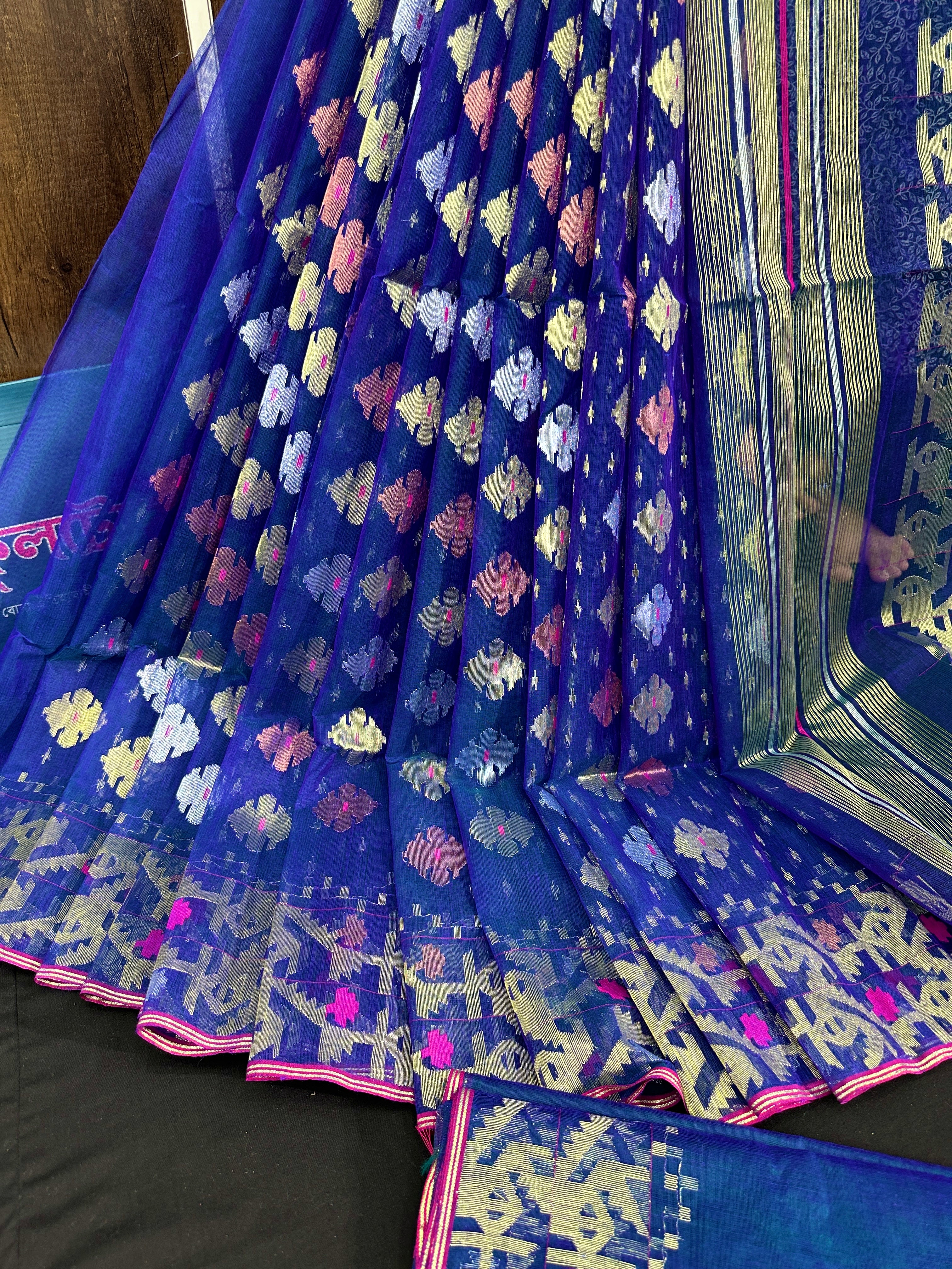 Blue halfsilk jamdani saree with golden silver & copper jori work