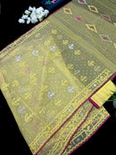 Pastel yellow dhakai jamdani saree with yellow threads silver & copper jori work all over work soft count.