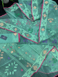 Bright Teal Blue dhakai Jamdani saree with pink border all over work soft count.