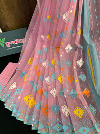 Pink jamdani saree with blue yellow white orange threads work