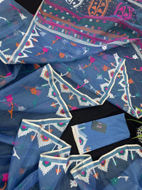 Dusty blue jamdani saree with pink white blue green work and white paar.