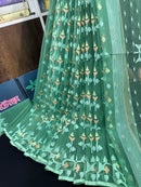 Jade green halfsilk jamdani saree with green off white golden self threads work