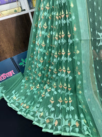 Jade green halfsilk jamdani saree with green off white golden self threads work