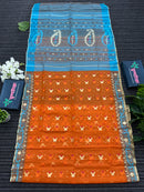 Fanta orange halfsilk jamdani saree with golden jori work and blue orange threads work