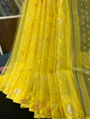 Yellow halfsilk jamdani saree with golden silver & copper jori work and self threads work