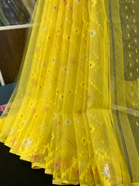 Yellow halfsilk jamdani saree with golden silver & copper jori work and self threads work