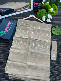 Hazel wood halfsilk jamdani saree with golden silver & copper jori work