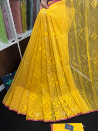 Yellow colour handloom halfsilk dhakai jamdani saree with pink border