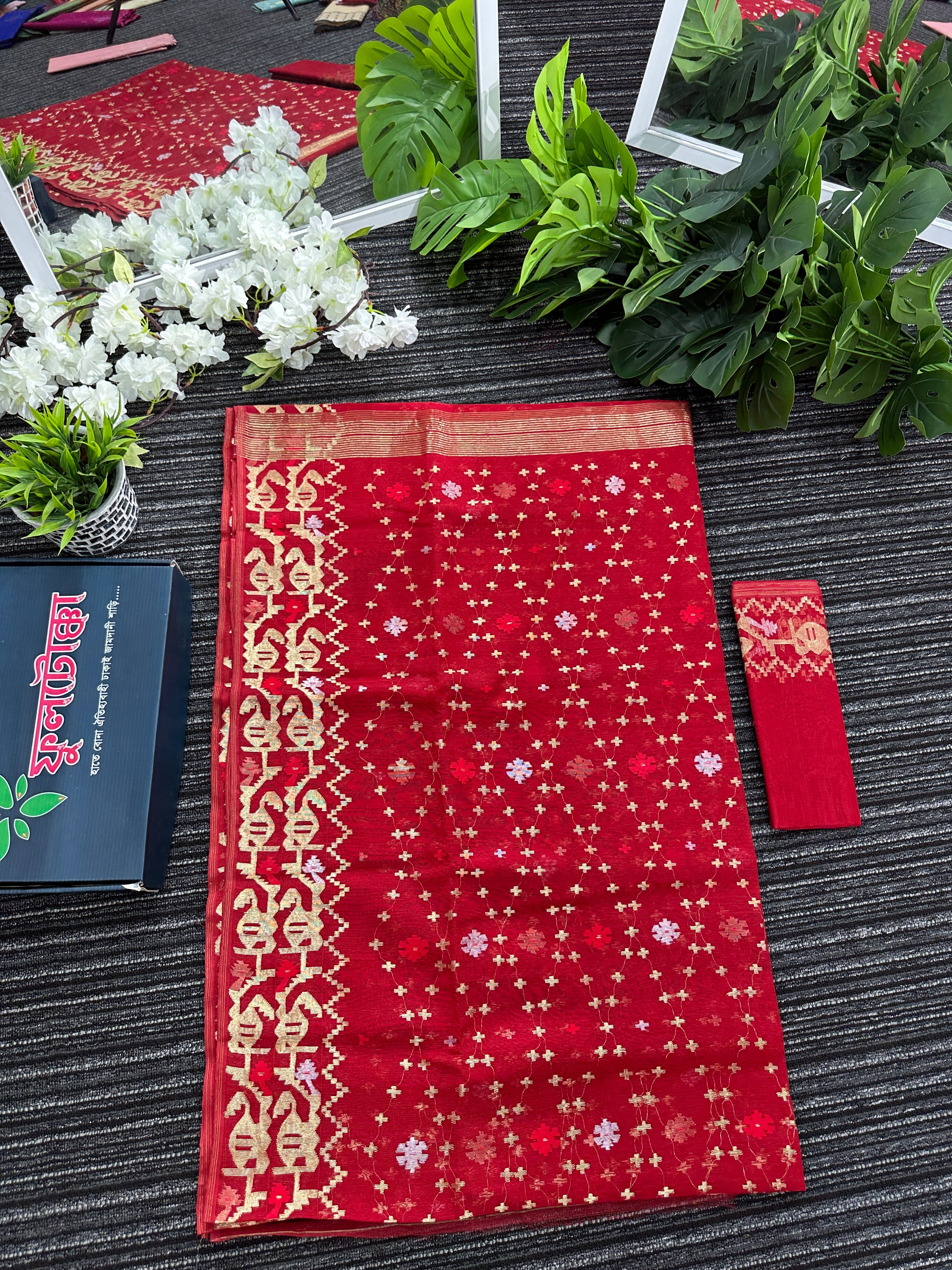 Red semi bridal halfsilk jamdani saree with all over golden jori work