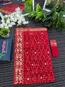 Red semi bridal halfsilk jamdani saree with all over golden jori work