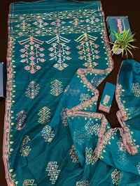 Sea green jamdani saree with golden silver & copper jori work soft count.