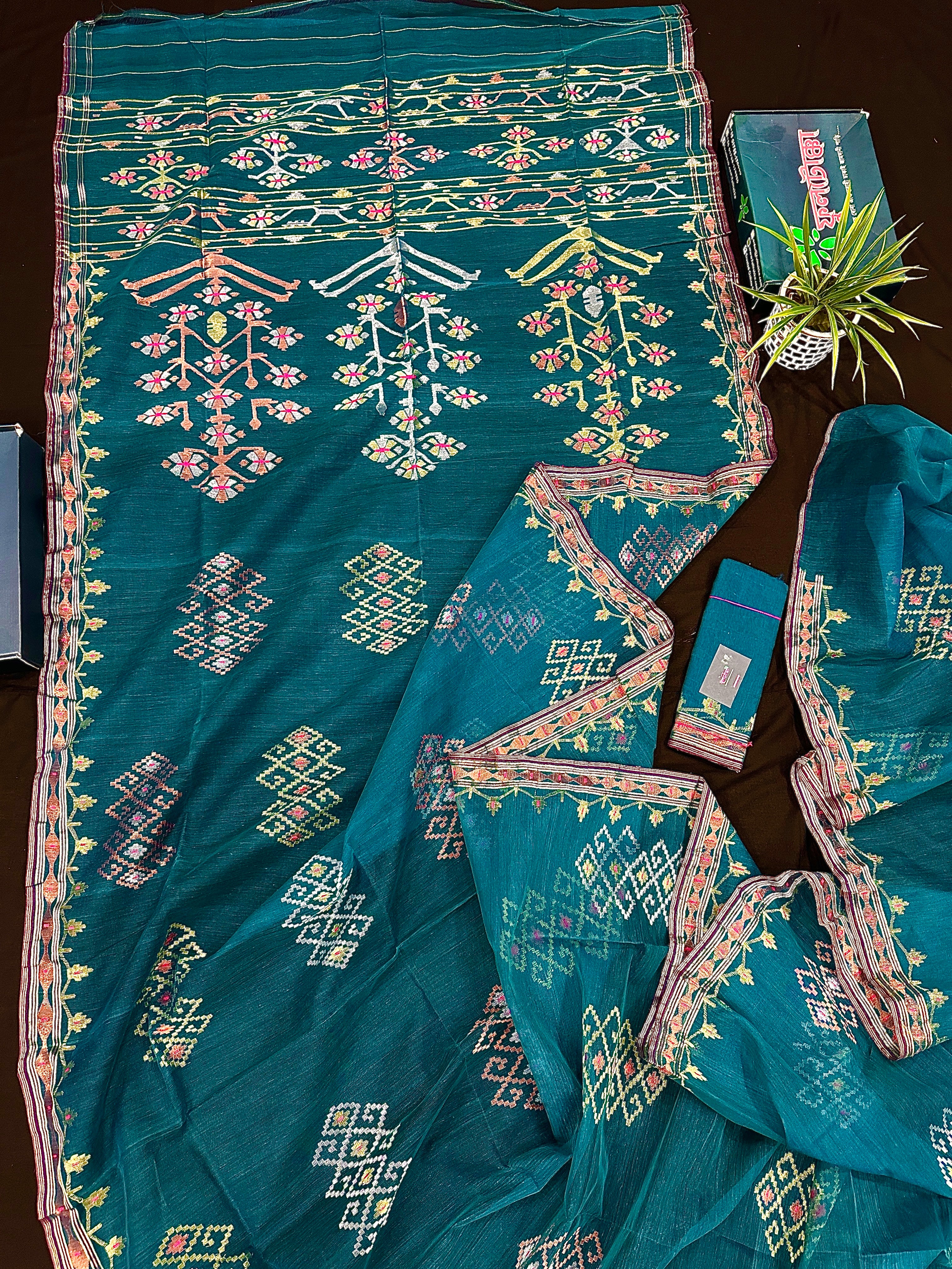 Sea green jamdani saree with golden silver & copper jori work soft count.
