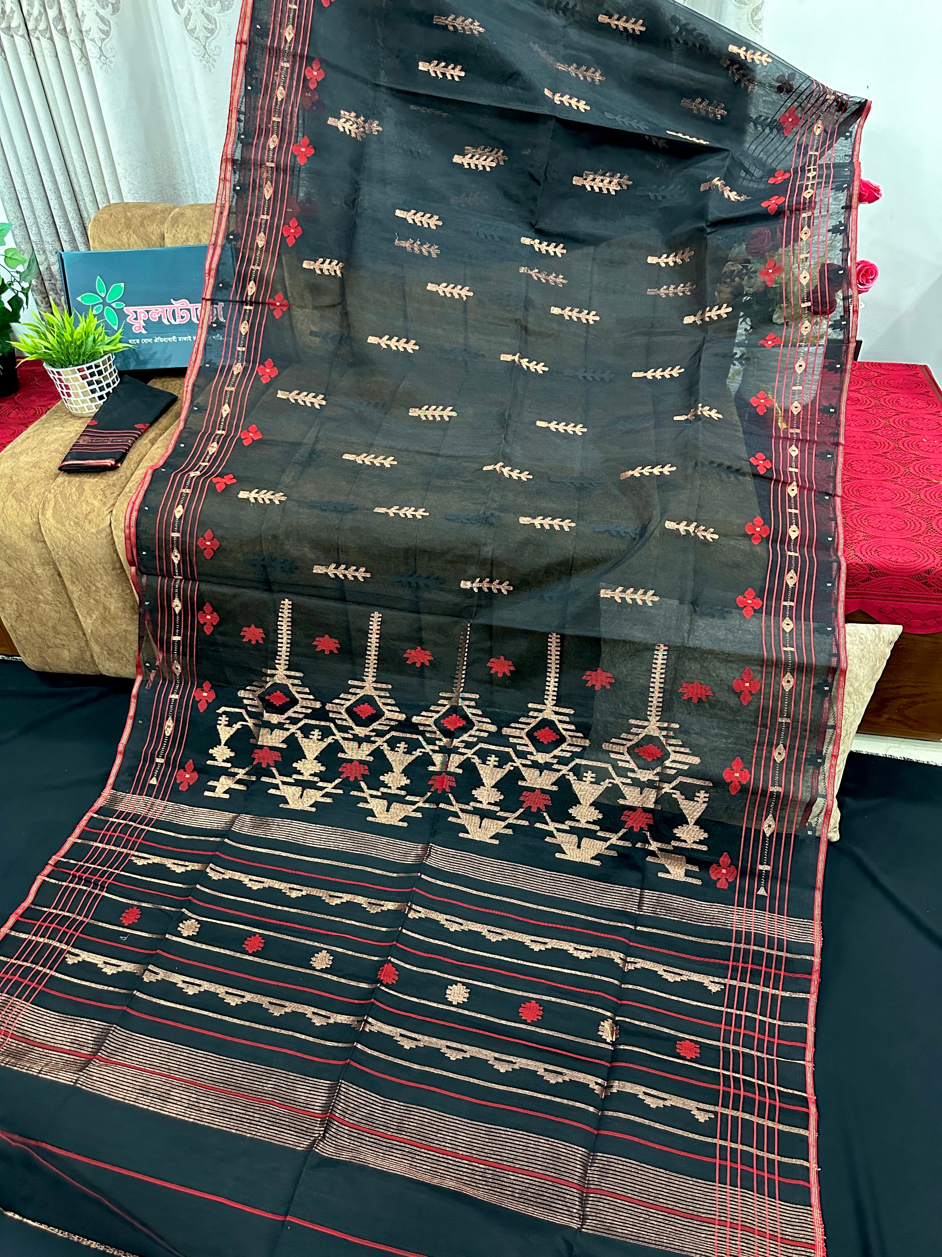 BLACK WITH RED BORDER JAMDANI