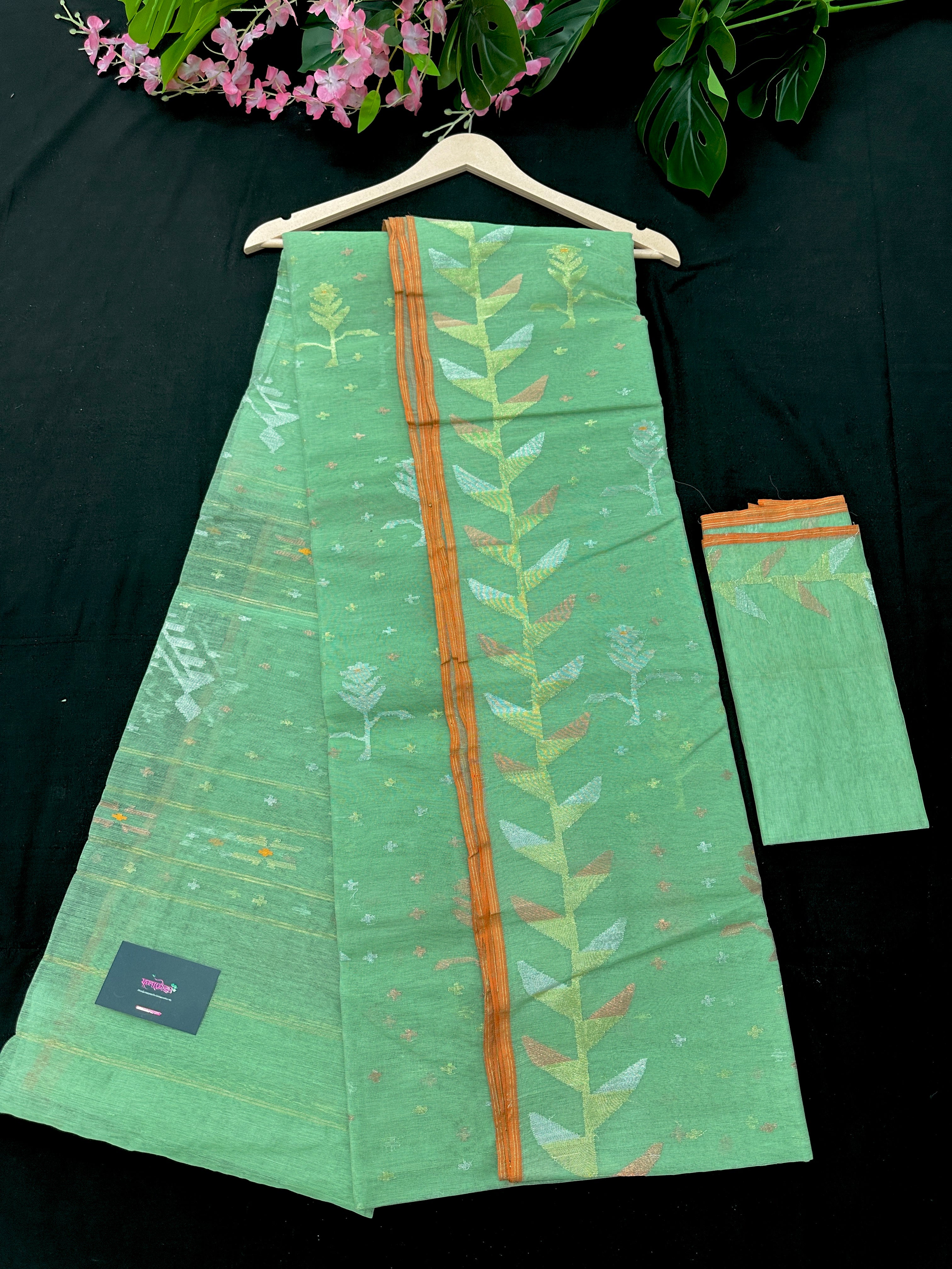 Mint Colour Handloom Original Dhakai Jamdani Sari.