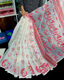 Pure white cotton jamdani saree with red blue green yellow multiple threads work