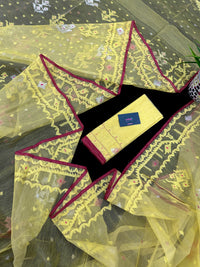 Pastel yellow dhakai jamdani saree with yellow threads silver & copper jori work all over work soft count.