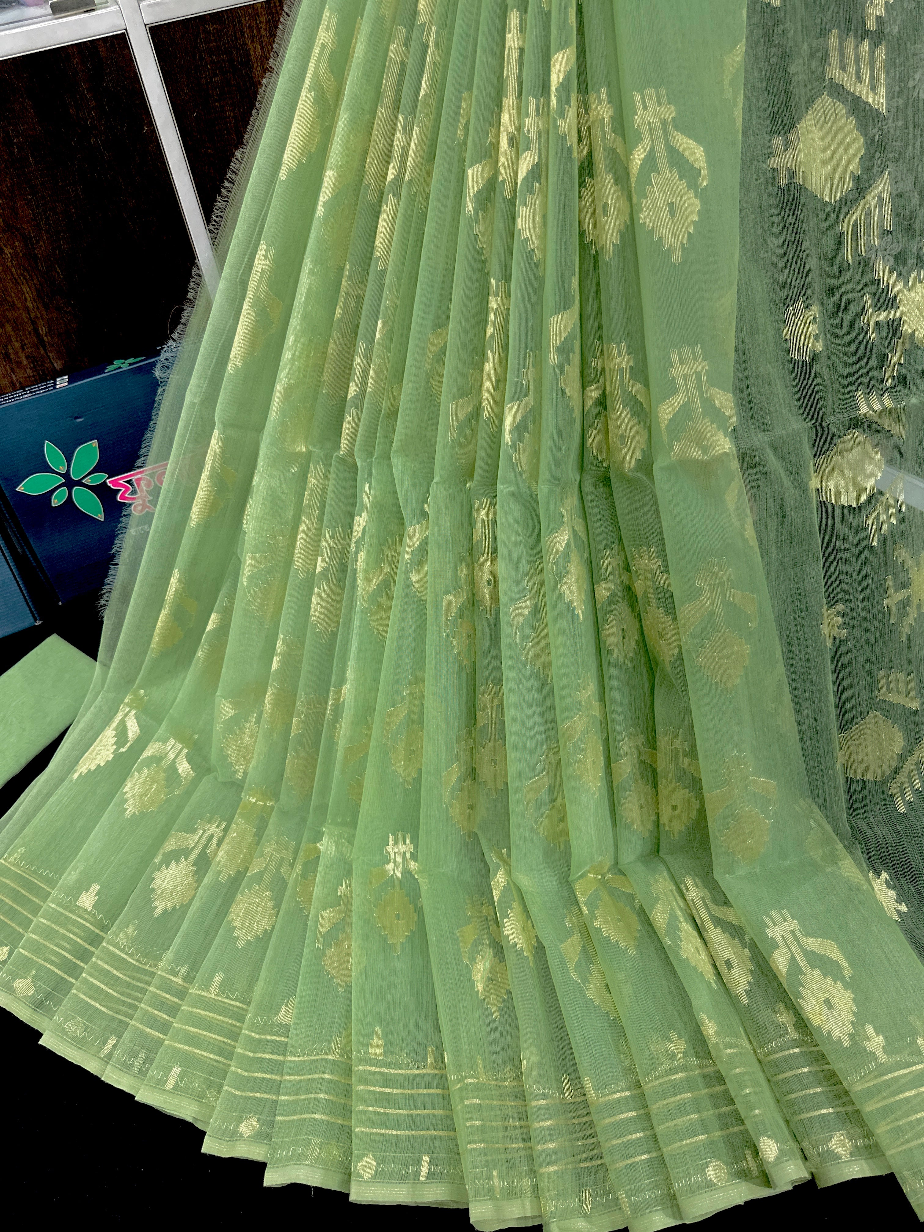 Mint halfsilk jamdani saree with golden jori work and blouse piece