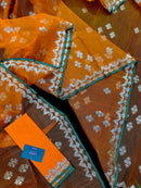 Orange soft jamdani saree with silver jori work & green border.