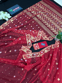 Red jamdani saree with golden jori all over work with blouse piece.