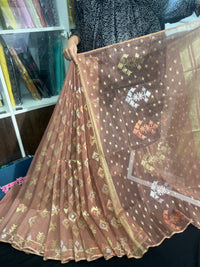 Nude mauve halfsilk jamdani saree with golden silver & copper jori work