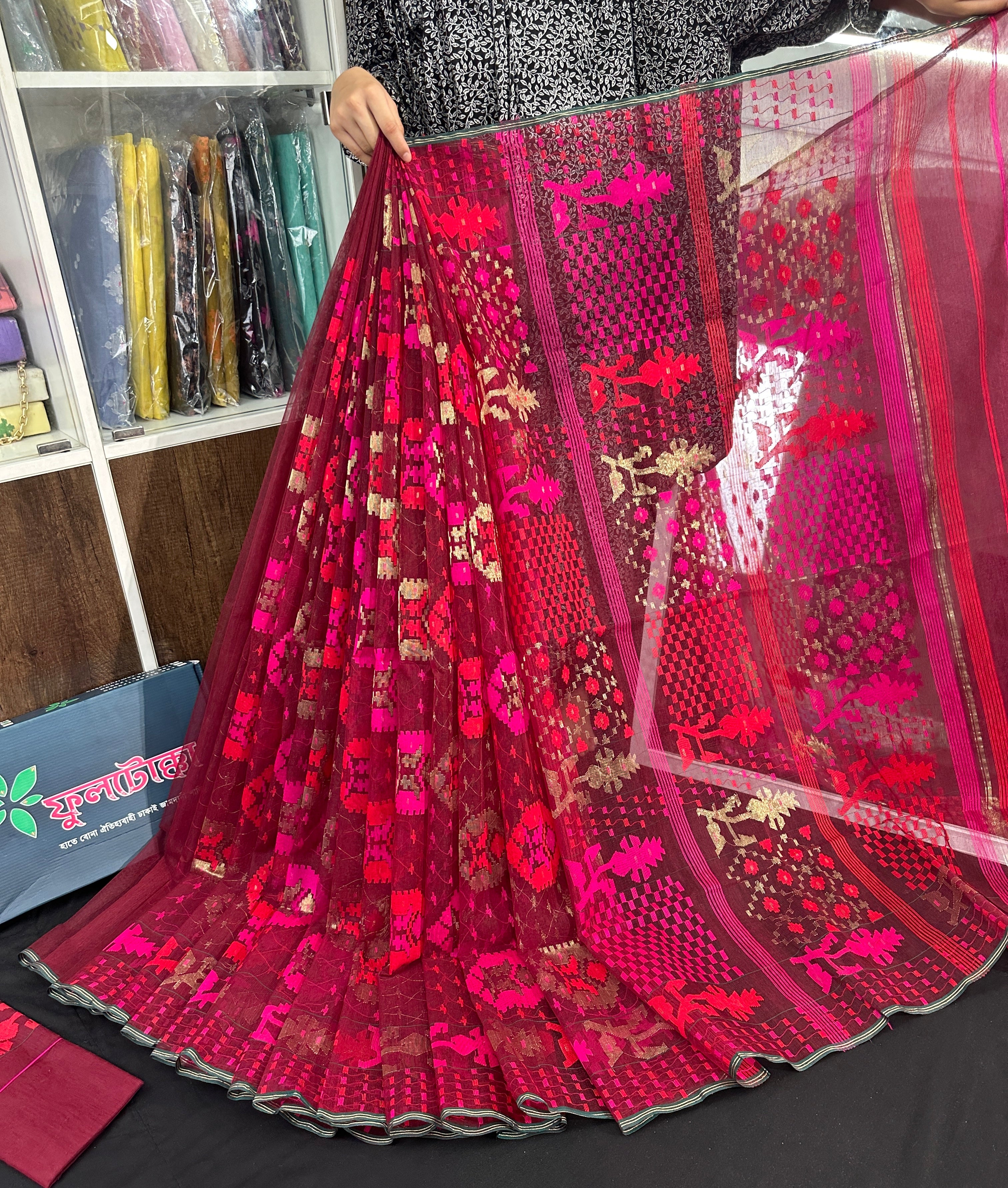 Redish Maroon bridal exclusive halfsilk jamdani saree with red magenta threads work and golden jori work