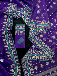 Violate purple jamdani saree all over golden silver and copper jori work.