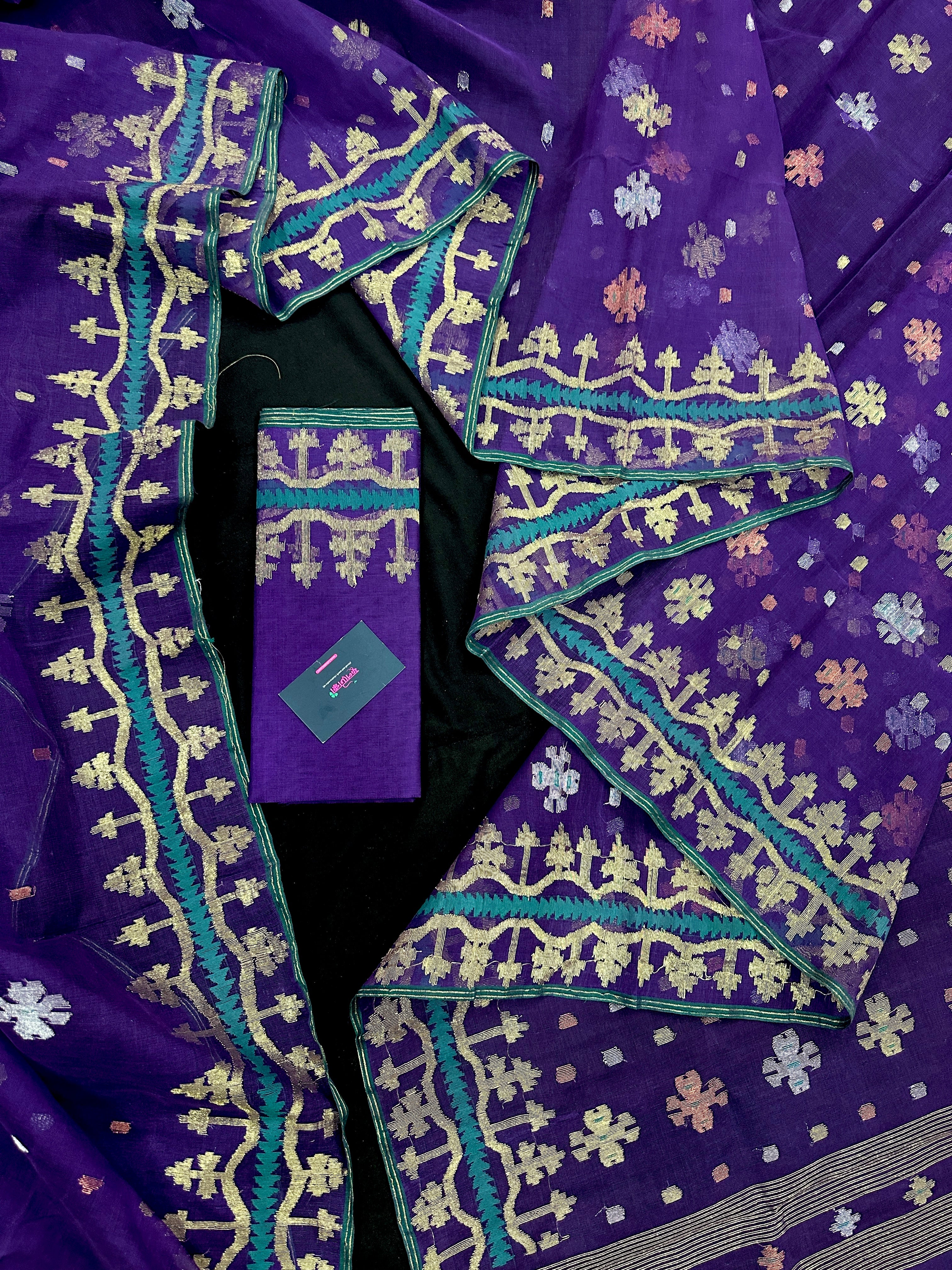 Violate purple jamdani saree all over golden silver and copper jori work.