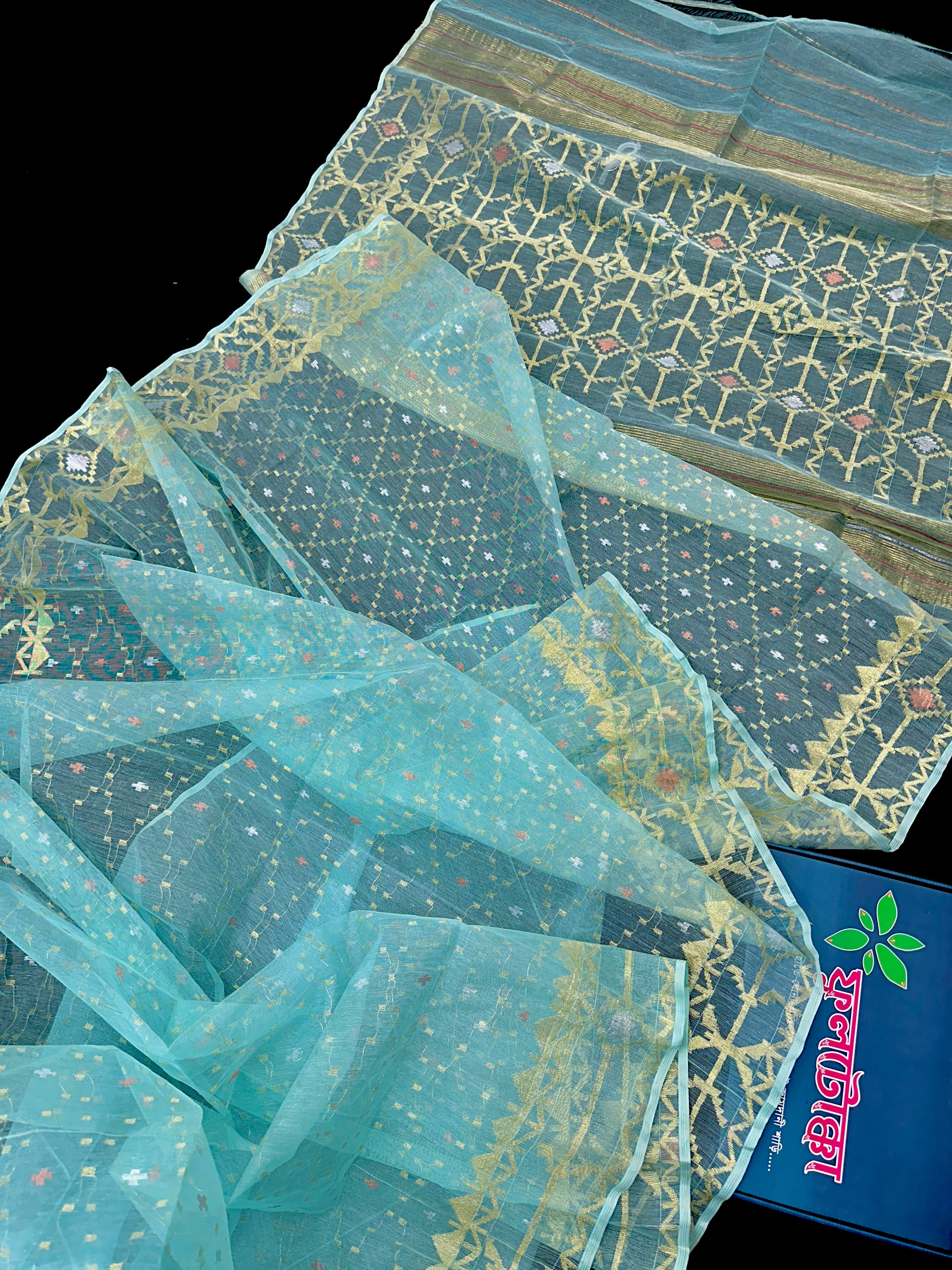 Ice Blue Jamdani Saree With Blouse Piece.