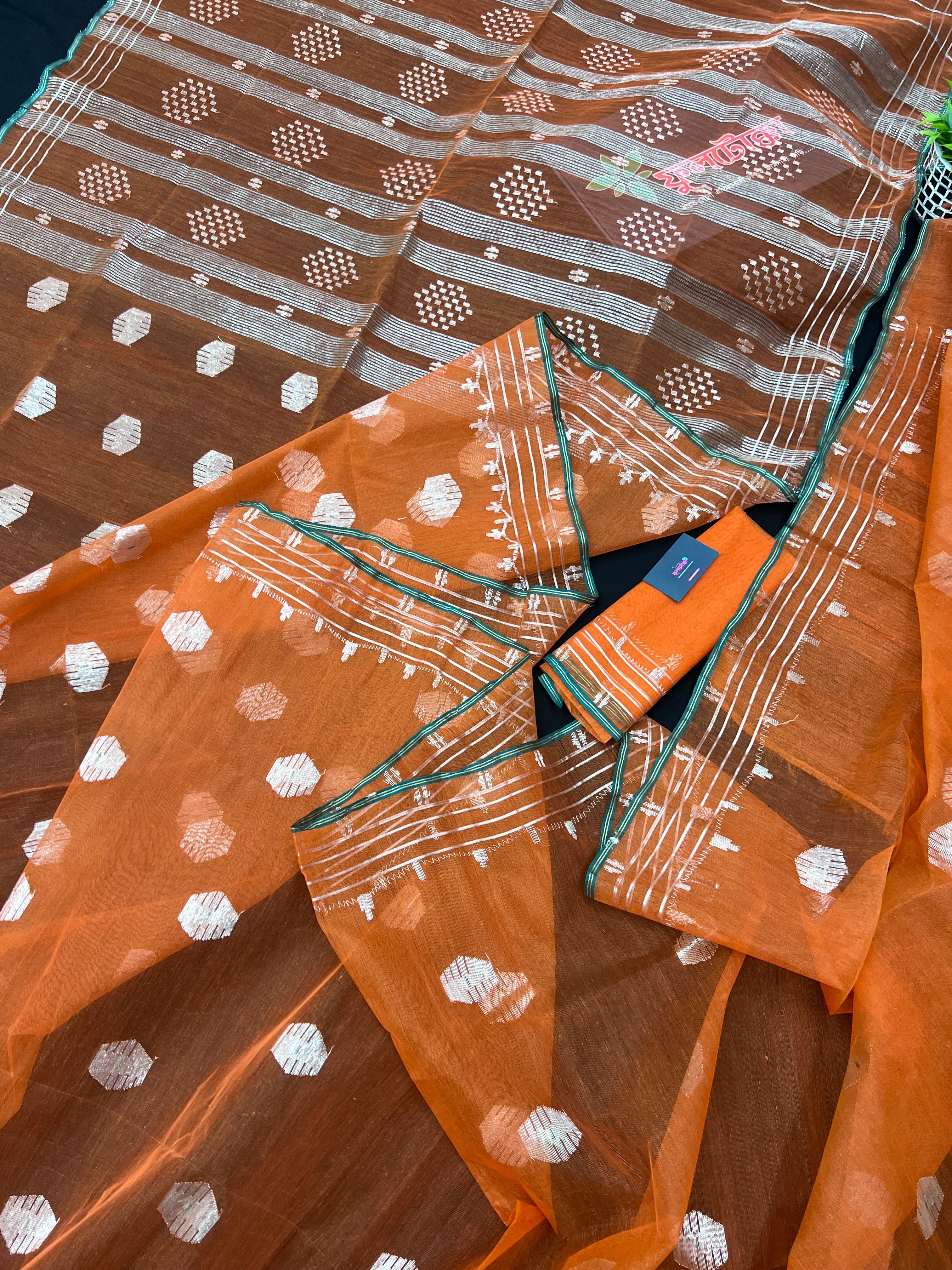 Orange Original Handloom Halfsilk Dhakai Jamdani Saree
