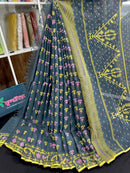 Ash blue cotton jamdani saree with yellow pink threads work