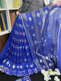 Royal Blue Original Handloom Dhakai Jamdani Saree With Golden Silver & Copeer Jori Work