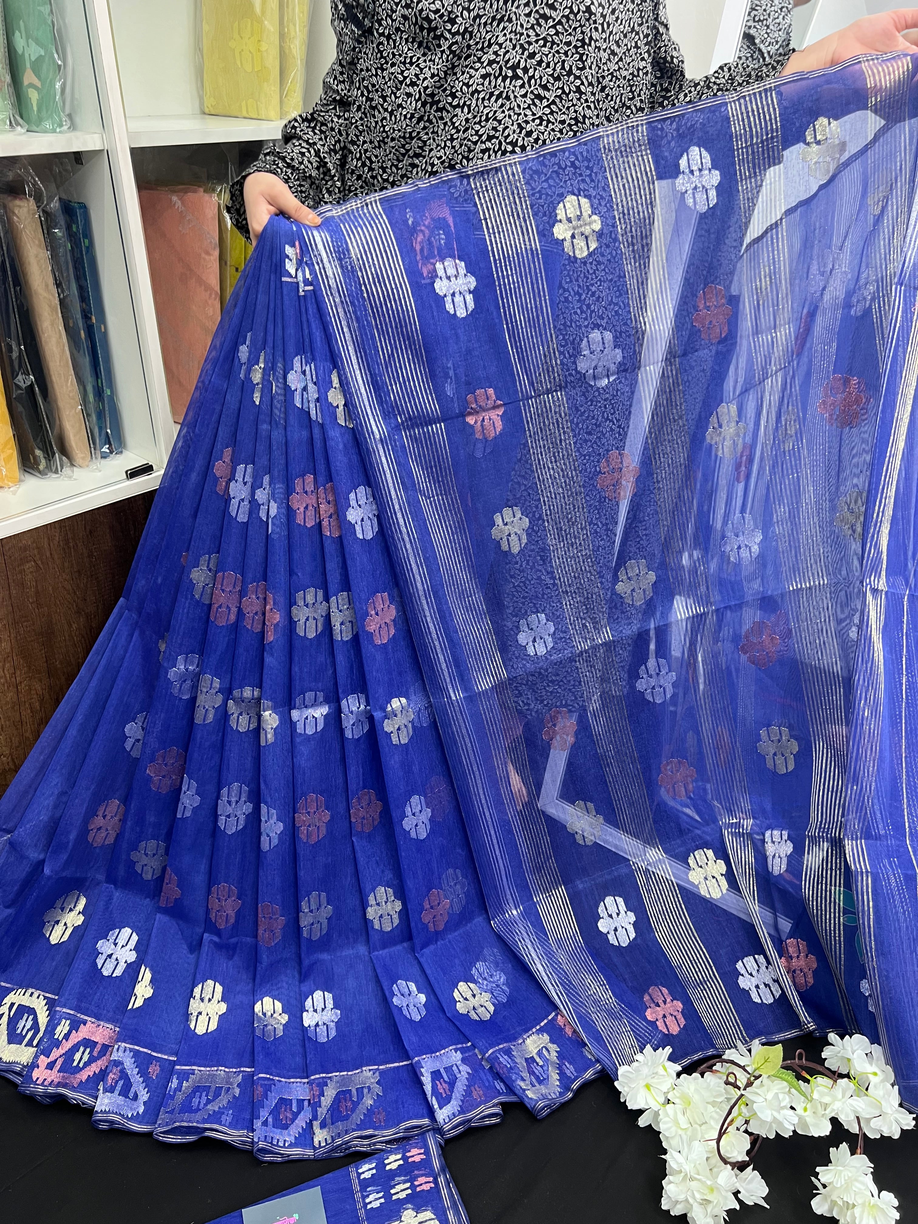 Royal Blue Original Handloom Dhakai Jamdani Saree With Golden Silver & Copeer Jori Work