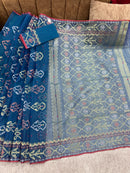Peacock blue handloom original dhakai Jamdani saree with golden silver & copper jori wori work