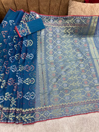 Peacock blue handloom original dhakai Jamdani saree with golden silver & copper jori wori work
