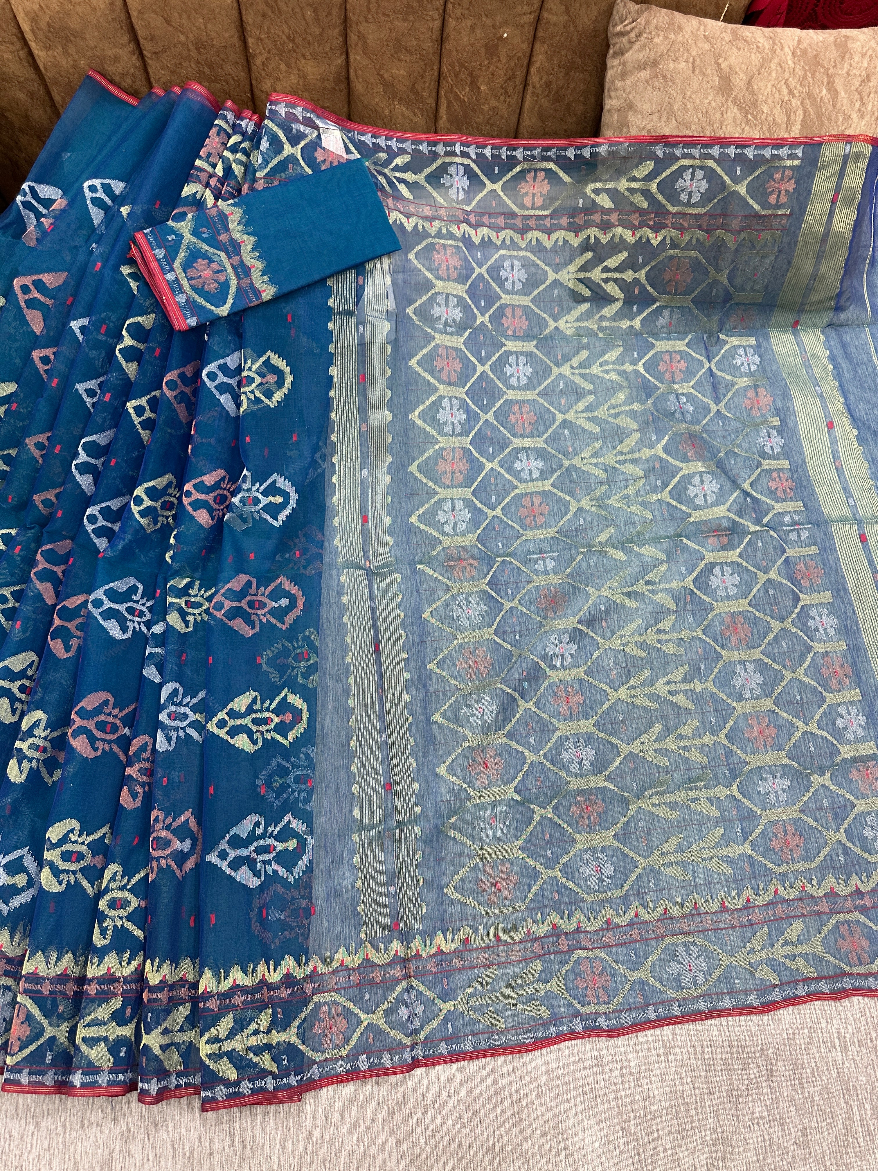 Peacock blue handloom original dhakai Jamdani saree with golden silver & copper jori wori work