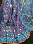 Dual toned purple halfsilk jamdani saree with white pink blue threads work