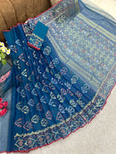 Peacock blue handloom original dhakai Jamdani saree with golden silver & copper jori wori work