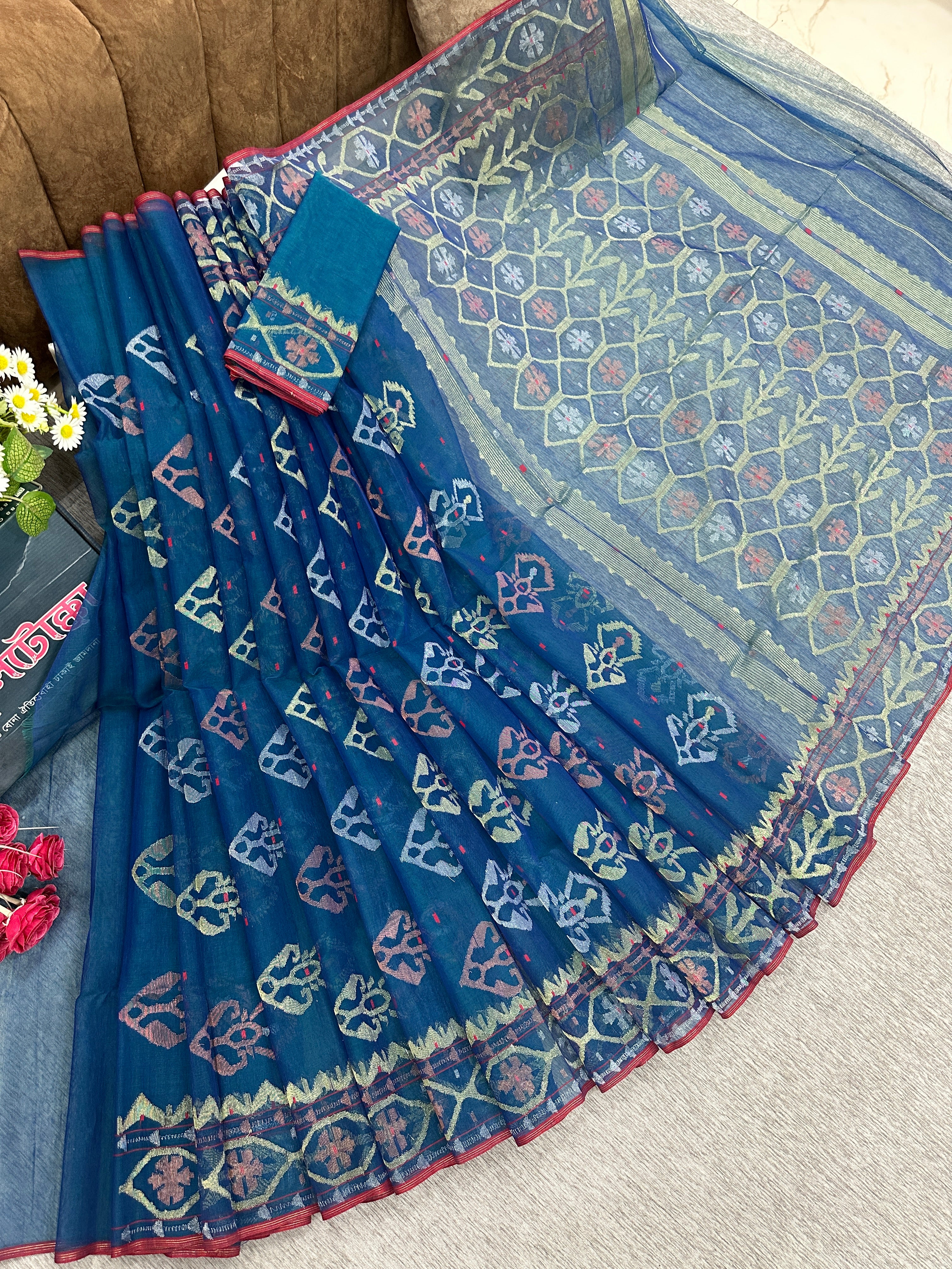 Peacock blue handloom original dhakai Jamdani saree with golden silver & copper jori wori work