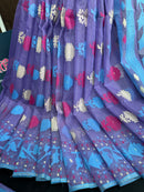 Orchid purple halfsilk jamdani saree with white pink blue threads work