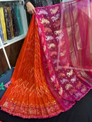 Orange halfsilk jamdani with magenta paar and golden silver & copper jori work