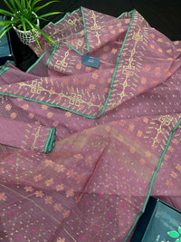 Onion colour jamdani saree with pink meena and green border.