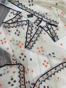 White cotton jamdani saree with orange & black threads work.