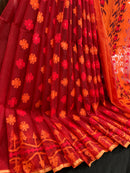 Maroon red jamdani saree with orange and red threads work