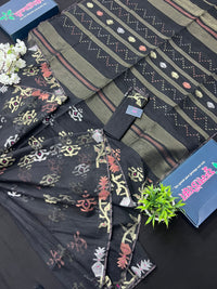 Black colour handloom halfsilk original dhakai jamdani saree with golden silver & copper jori work