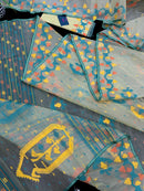 Cream colour jamdani saree with yellow orange blue floral threads work and blouse piece.