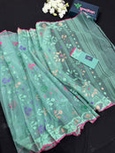 Bright Teal Blue dhakai Jamdani saree with pink border all over work soft count.